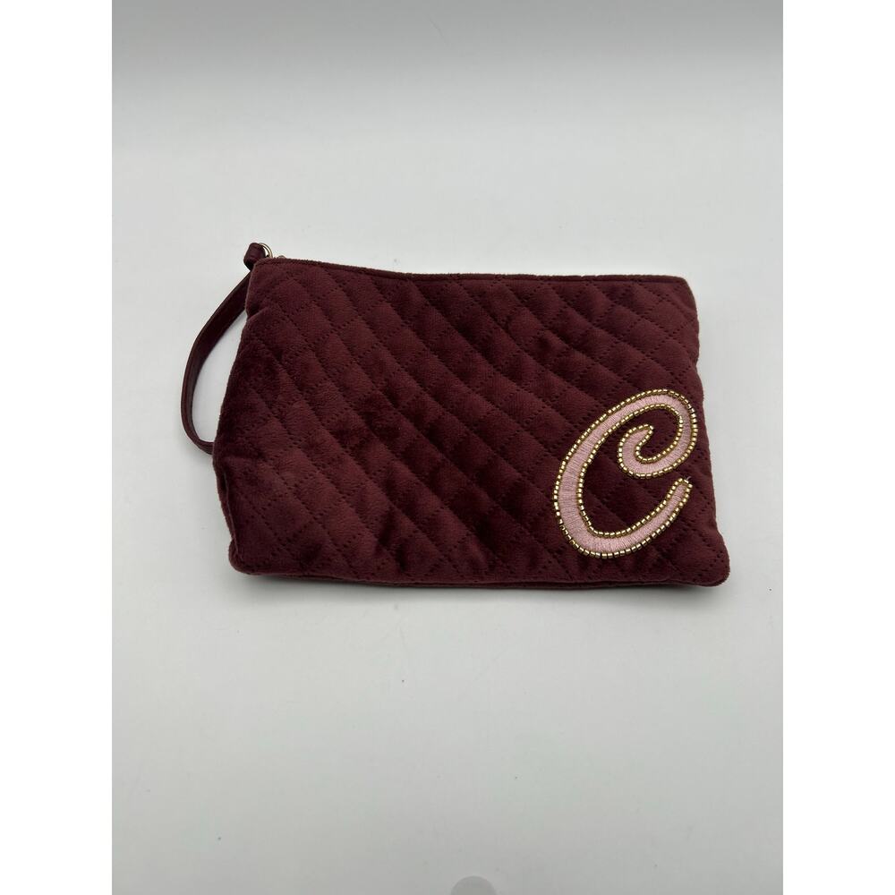Burgundy Quilted Velvet Wristlet Clutch Pouch Beaded “C” Monogram